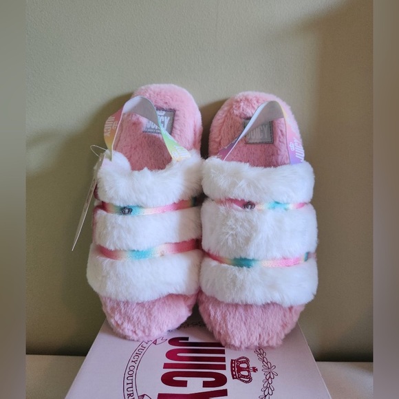 (New) Juicy Couture Pink Rainbow Fuzzy Slippers - Picture 1 of 3